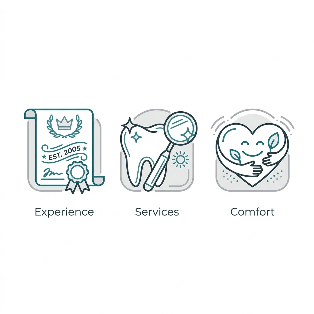 Line-art icon set for cosmetic dentistry considerations: certificate icon for experience, dental mirror and tooth icon for services, heart icon for patient comfort. Labels include Experience, Services, Comfort.