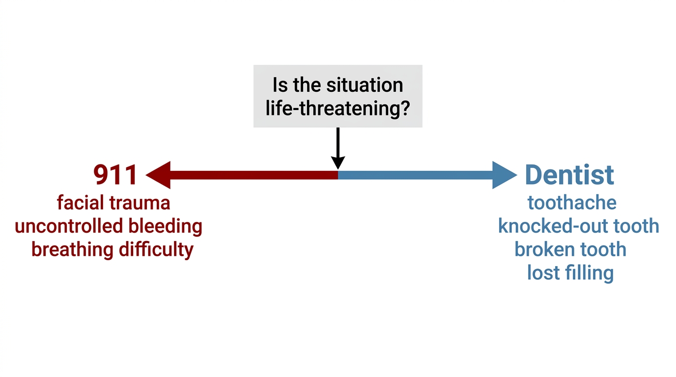Decision-tree diagram for dental emergencies showing life-threatening situations requiring 911 and non-life-threatening dental issues to contact Riverside dentist
