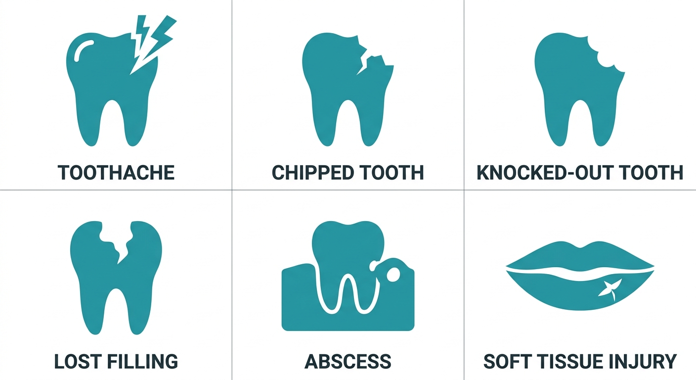 Grid of 6 dental emergency icons with labels: toothache, chipped tooth, knocked-out tooth, lost filling, abscess, soft tissue injury