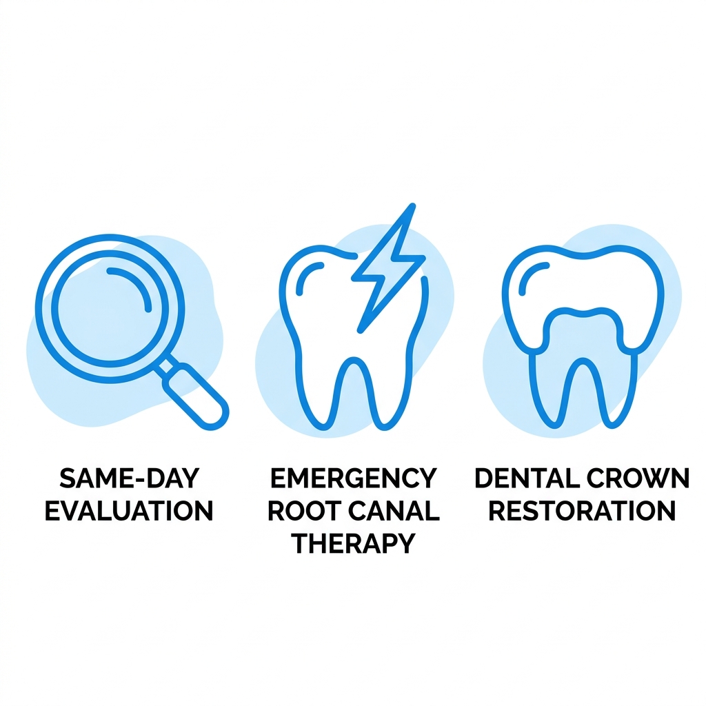 Grid of three icons representing emergency root canal services in Riverside: same-day evaluation, emergency root canal therapy, and dental crown restoration