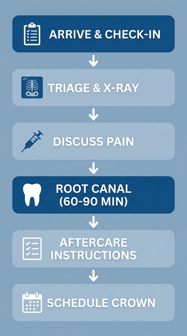 Emergency root canal care process flow with six steps: arrive and check-in, triage and x-ray, discuss pain management, root canal procedure lasting 60 to 90 minutes, receive aftercare instructions, and schedule follow-up crown.