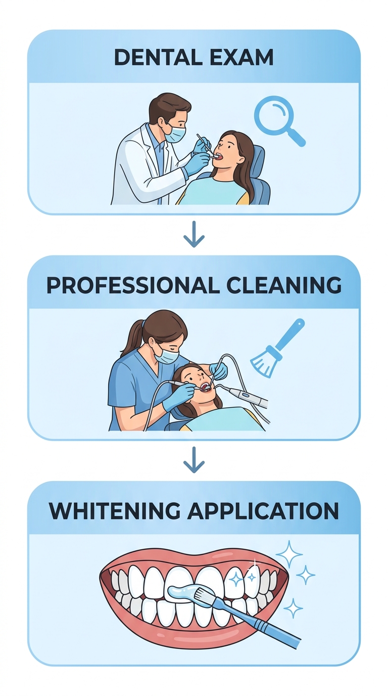 Vertical process flow for professional teeth whitening and cleaning: Dental Exam, Professional Cleaning, Whitening Application