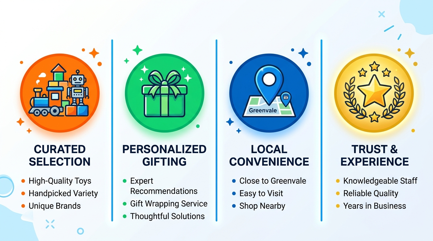 Infographic with four icon-based columns: Curated Selection, Personalized Gifting, Local Convenience, and Trust & Experience, highlighting Funky Monkey Toys advantages.