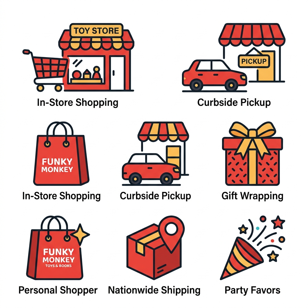 Six service icons for Scarsdale toy store: in-store shopping, curbside pickup, gift wrapping, personal shopper, nationwide shipping, and party favors arranged in a 2x3 grid.