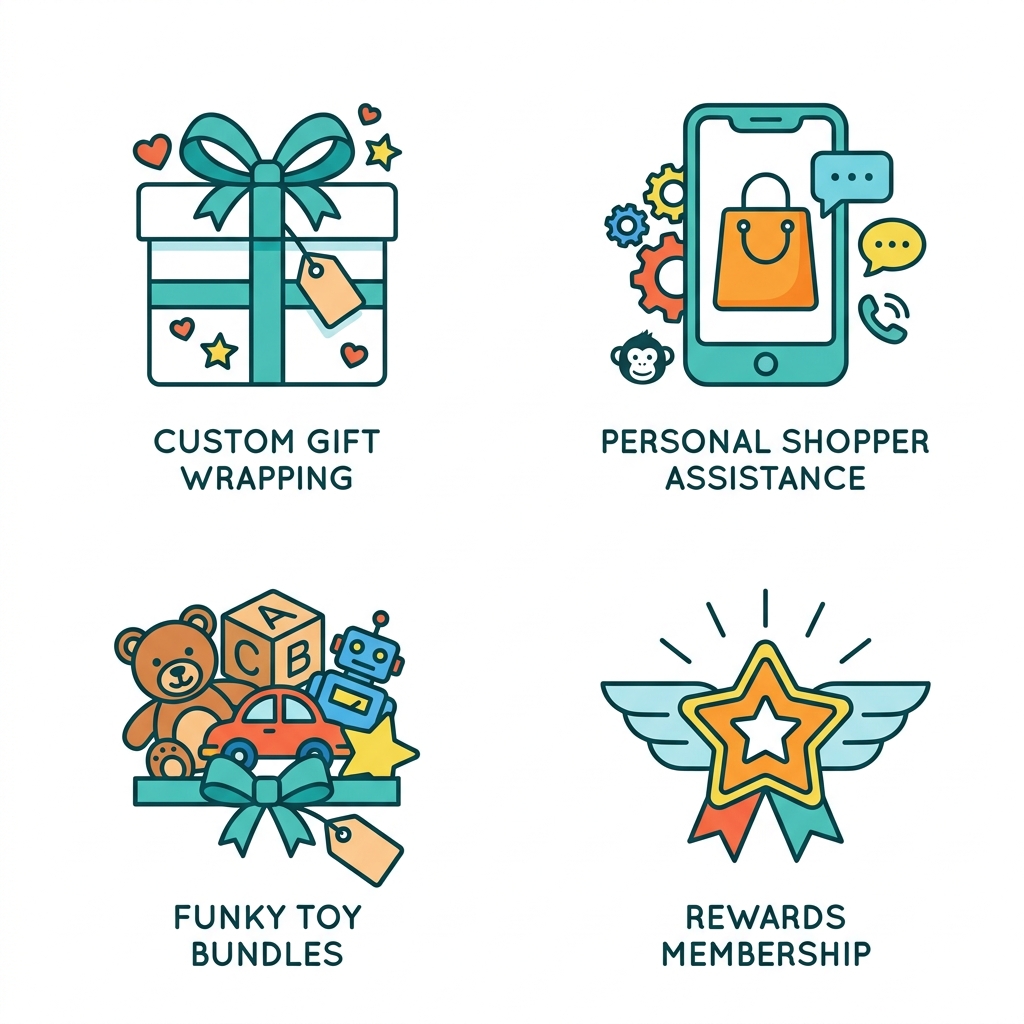 Icon set of four Funky Monkey Toys personalized services: gift wrapping, personal shopper, toy bundles, and rewards membership, teal outline style on white