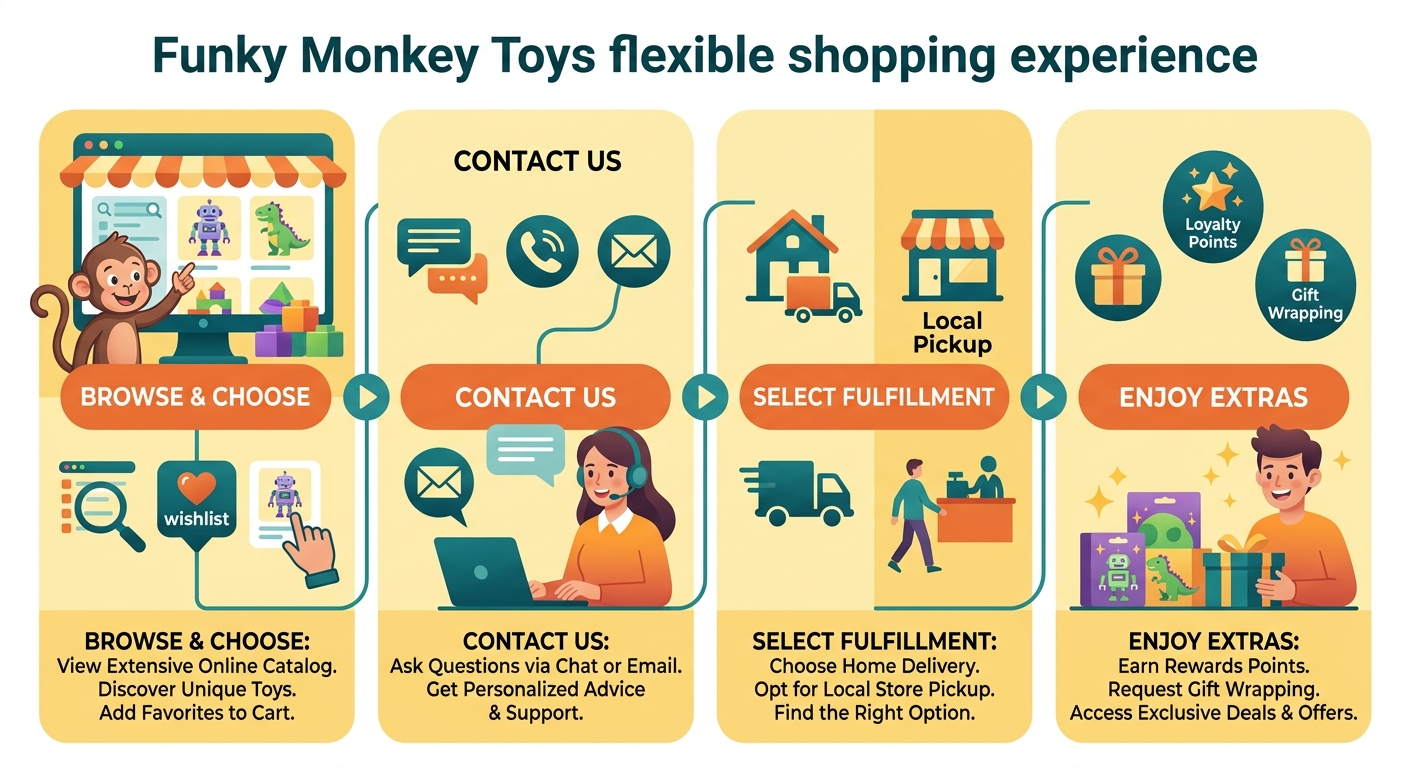 Four-step process diagram showing the Funky Monkey Toys flexible shopping experience with steps Browse & Choose, Contact Us, Select Fulfillment, and Enjoy Extras.