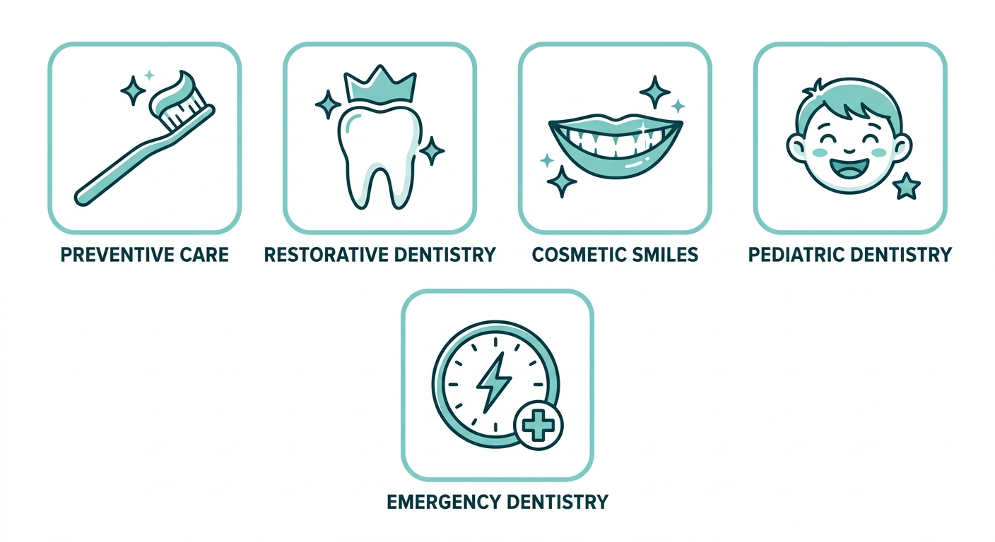 Grid of five dental service icons: toothbrush, crown, sparkly smile, child, clock, each labeled below.