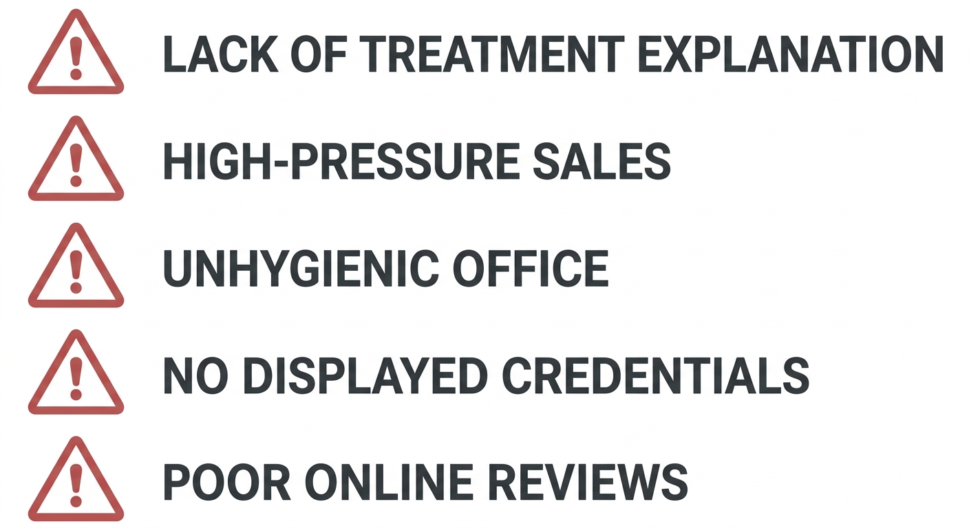 Infographic showing five red flags to watch for when choosing a dentist: lack of treatment explanation, high-pressure sales, unhygienic office, no displayed credentials, and poor online reviews, each with a warning triangle icon.