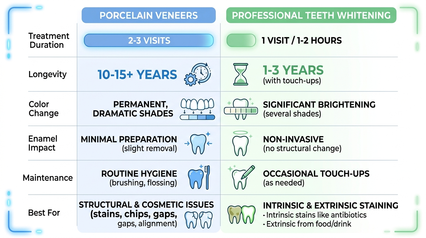 Comparison infographic showing porcelain veneers in blue and teeth whitening in green across six criteria rows with gauges