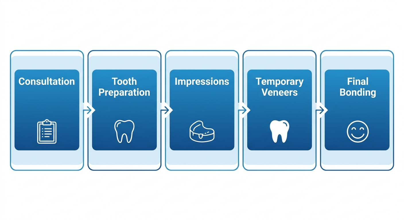Horizontal process flow diagram showing the five stages of getting porcelain veneers at Diamond Dental Centre in New Westminster: consultation, tooth preparation, impressions, temporary veneers, and final bonding.