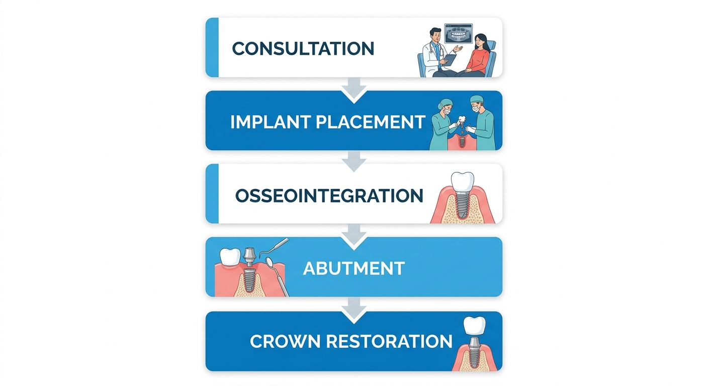 Vertical process flow diagram of dental implant surgery stages from consultation to crown restoration at Diamond Dental Centre