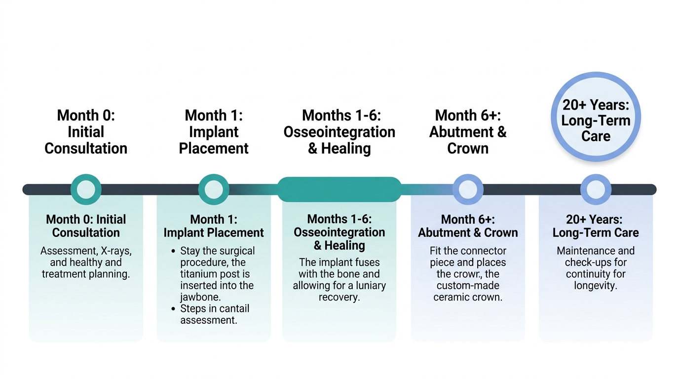 Dental implant procedure timeline showing consultation, implant placement, osseointegration healing, abutment and crown fitting, and badge for more than 20 years longevity