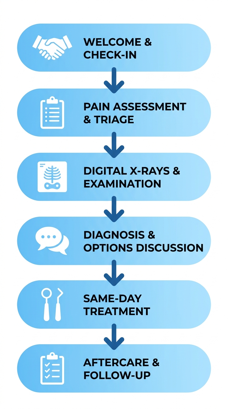 Six stage vertical flow diagram of emergency dental visit at Diamond Dental Centre in New Westminster: welcome, pain assessment, x-rays, diagnosis, same-day treatment, aftercare.
