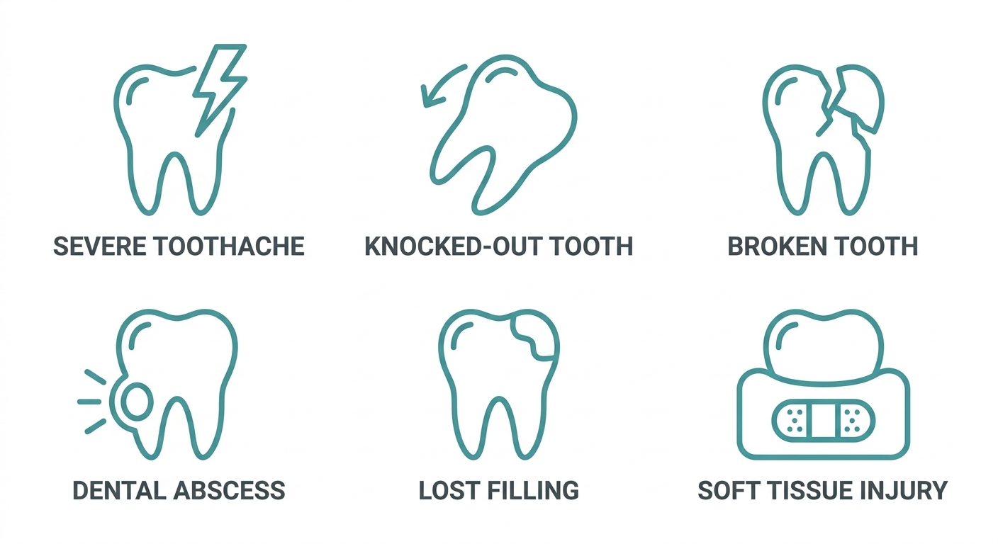 Grid of six dental emergency icons in calming teal outline style on white background, each with short dark gray label underneath