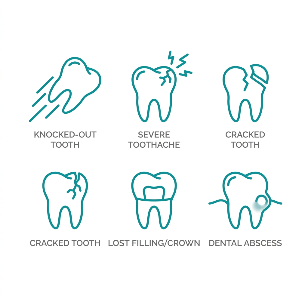 Icon set of five common dental emergencies: knocked-out tooth, severe toothache, cracked tooth, lost filling/crown, and dental abscess