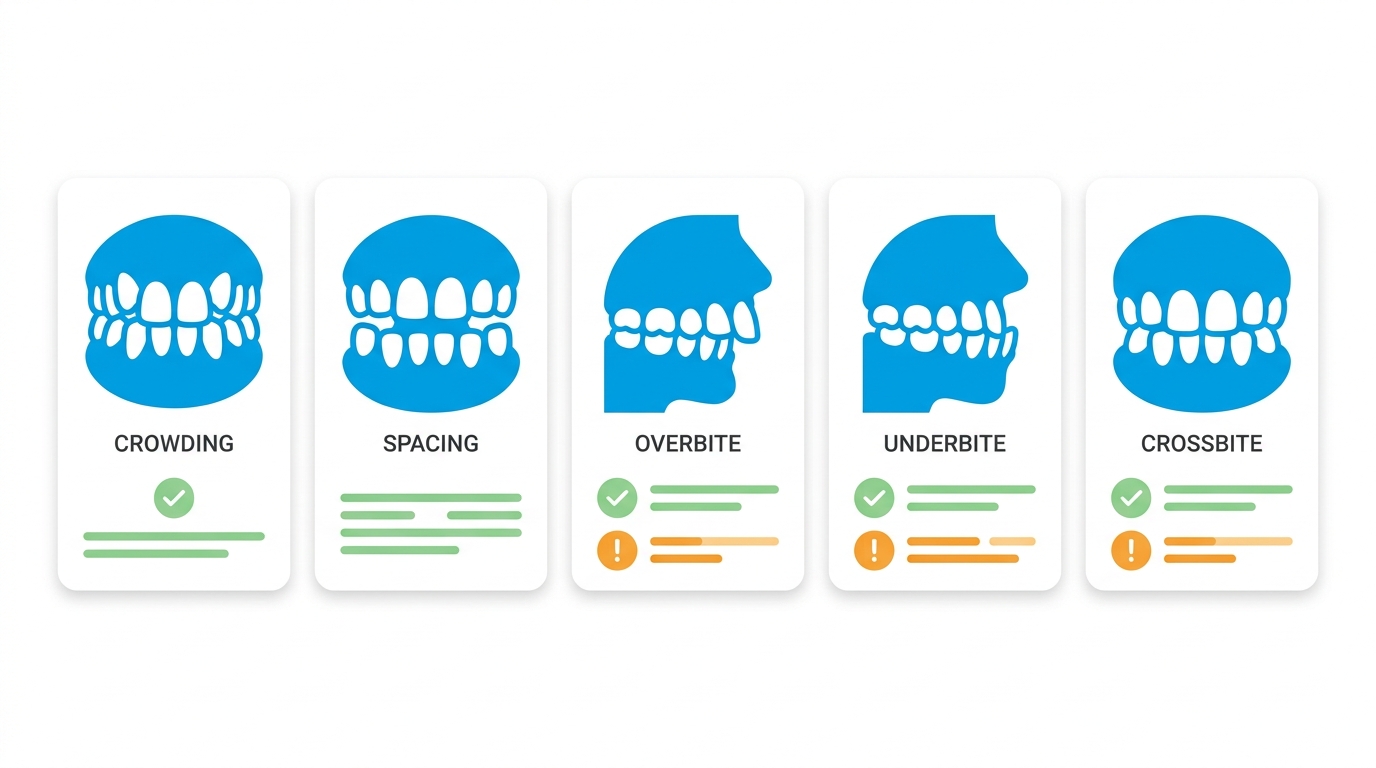 Infografía de compatibilidad de Invisalign que muestra cinco problemas ortopédicos comunes: apiñamiento, espacios, sobremordida, submordida y mordida cruzada, cada uno en un bloque de color separado