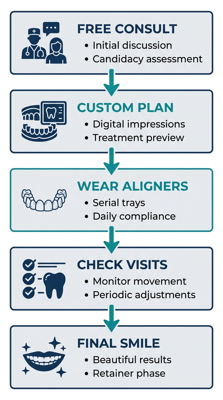 Diamond Dental Centre Invisalign process flow with 5 stages from consultation to retention, teal accents