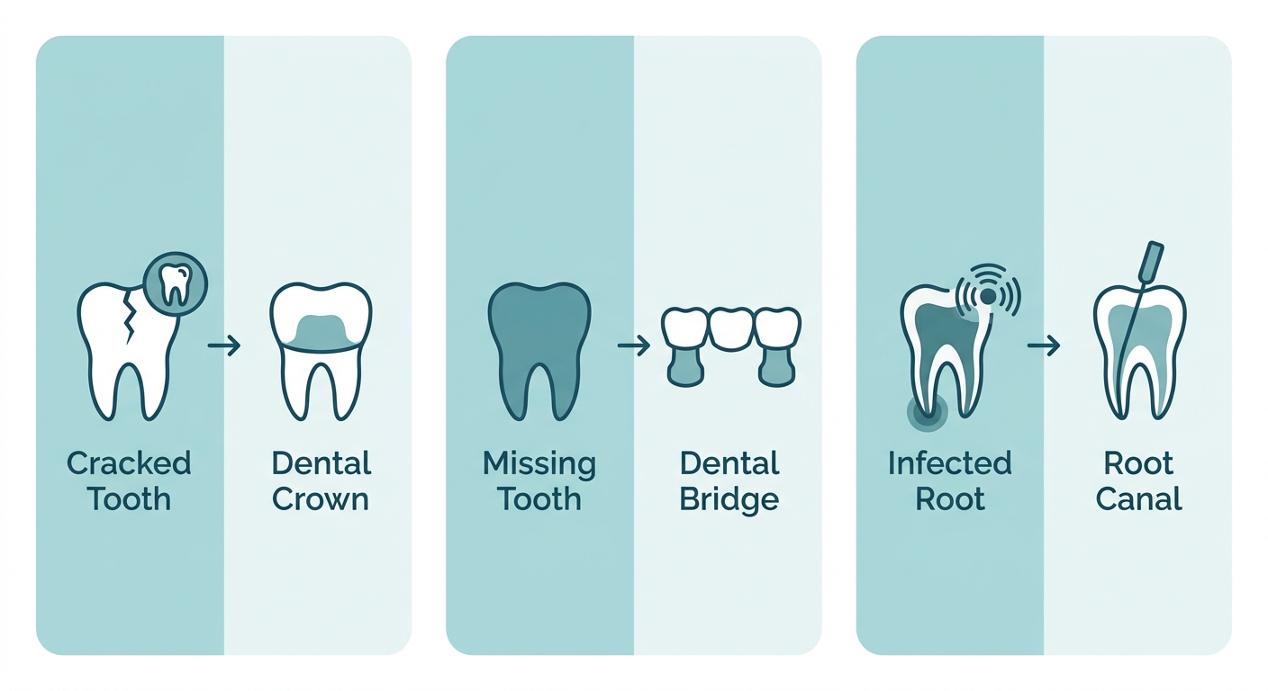 Three-panel infographic showing dental symptoms and restorative treatments including dental crown, bridge, and root canal therapy at Diamond Dental Centre in New Westminster