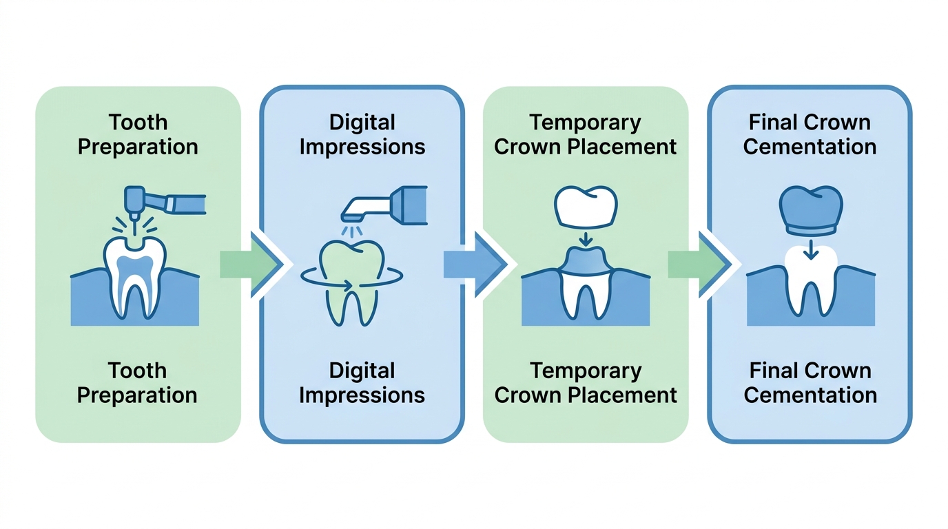 Four stages of a dental crown procedure at Diamond Dental Centre: tooth preparation, digital impressions, temporary crown placement, and final crown cementation.