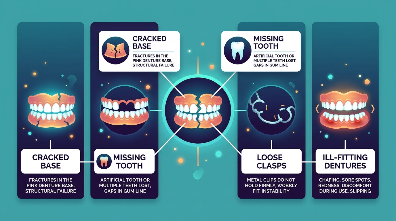 Infographic showing types of denture emergencies handled in New Westminster, including cracked base, missing tooth, loose clasps, ill-fitting dentures, with labeled callouts on teal background