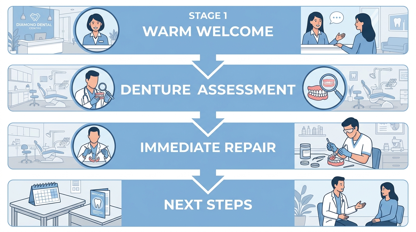 Four-step process for emergency denture care at Diamond Dental Centre: warm welcome, denture assessment, immediate repair, and discussion of next steps.