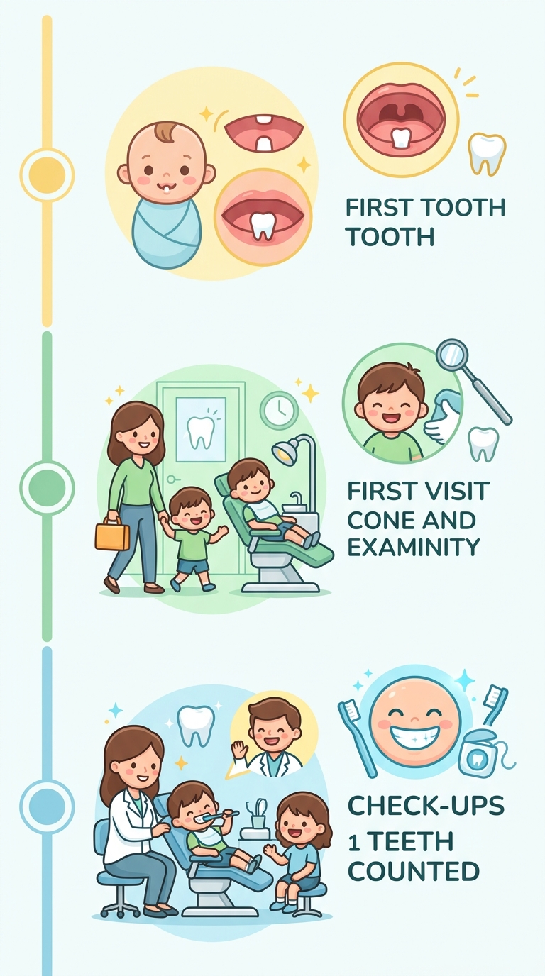 Vertical timeline showing pediatric dental milestones: first tooth at 6 months in yellow, first visit at 1 year in green, and routine check-ups every 6 months in blue.