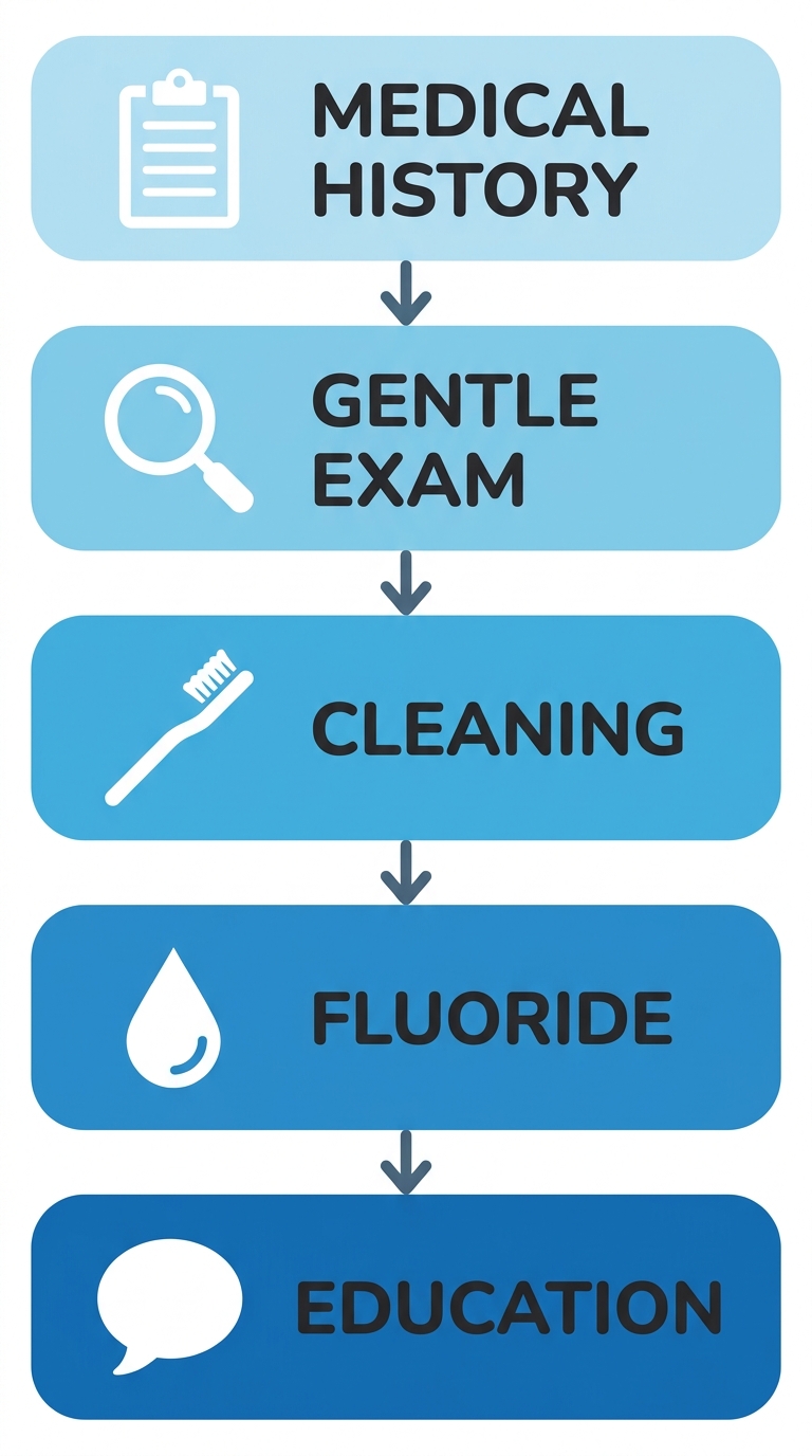 Vertical process flow showing pediatric dental visit steps: medical history review, gentle examination, professional cleaning, fluoride application, and parent-child education for a New Westminster family dental clinic