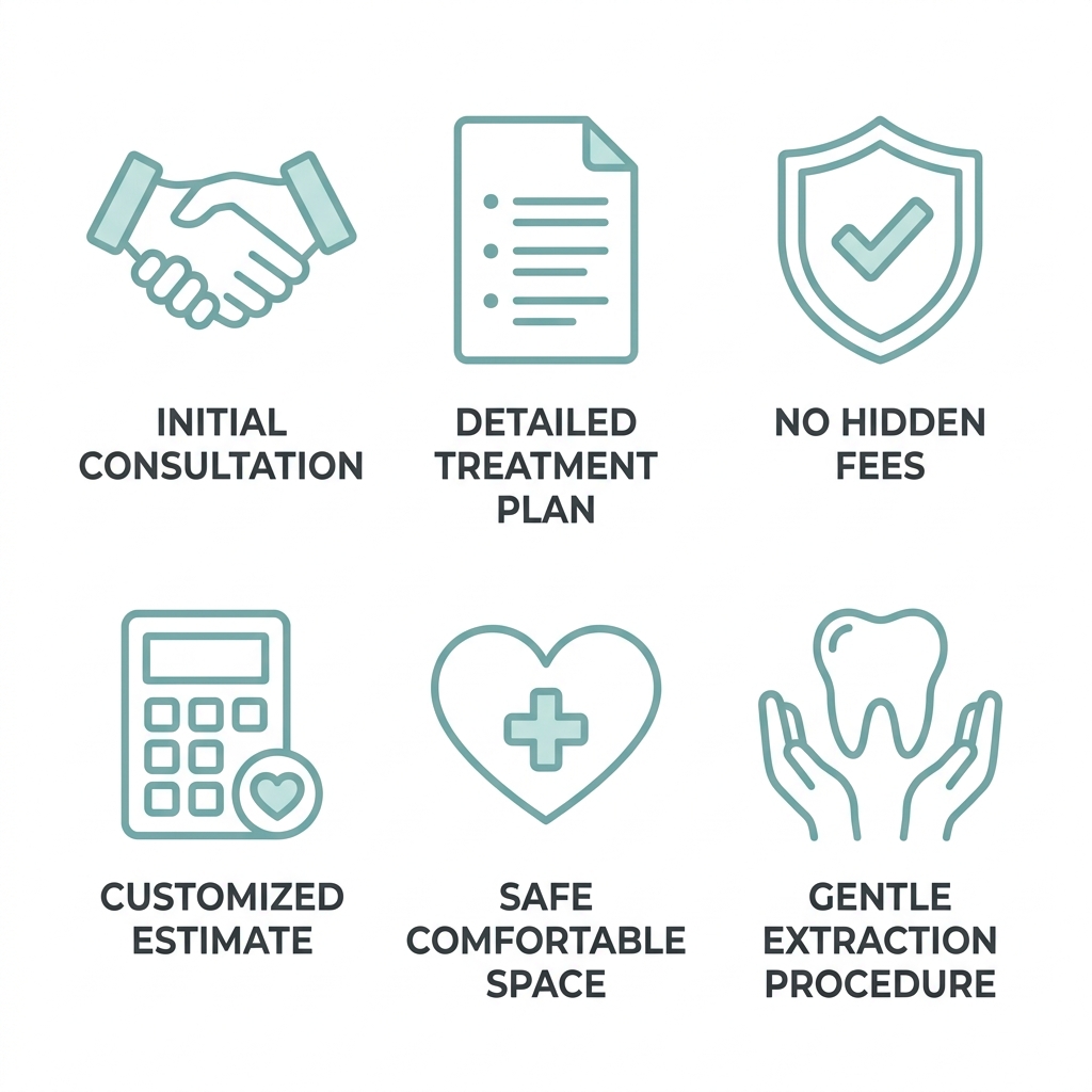Icon set illustrating Diamond Dental Centre's transparent care process for tooth extraction, including steps: consultation, detailed plan, no hidden fees, custom estimate, safe space, extraction procedure.