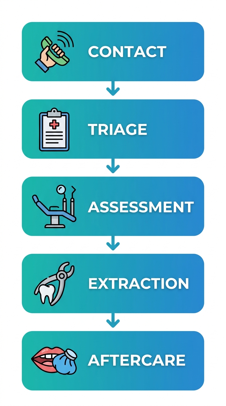 Vertical process flow diagram showing 5 steps of same-day emergency dental extraction: Contact, Triage, Assessment, Extraction, and Aftercare, with icons and labels on gradient blue and teal backgrounds.