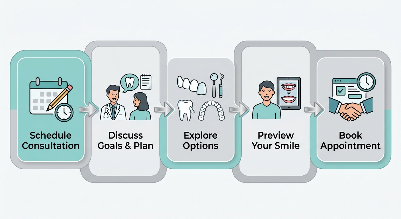 Horizontal process flow showing five steps for a smile makeover: Schedule Consultation, Discuss Goals, Explore Options, Preview Smile, Book Appointment.