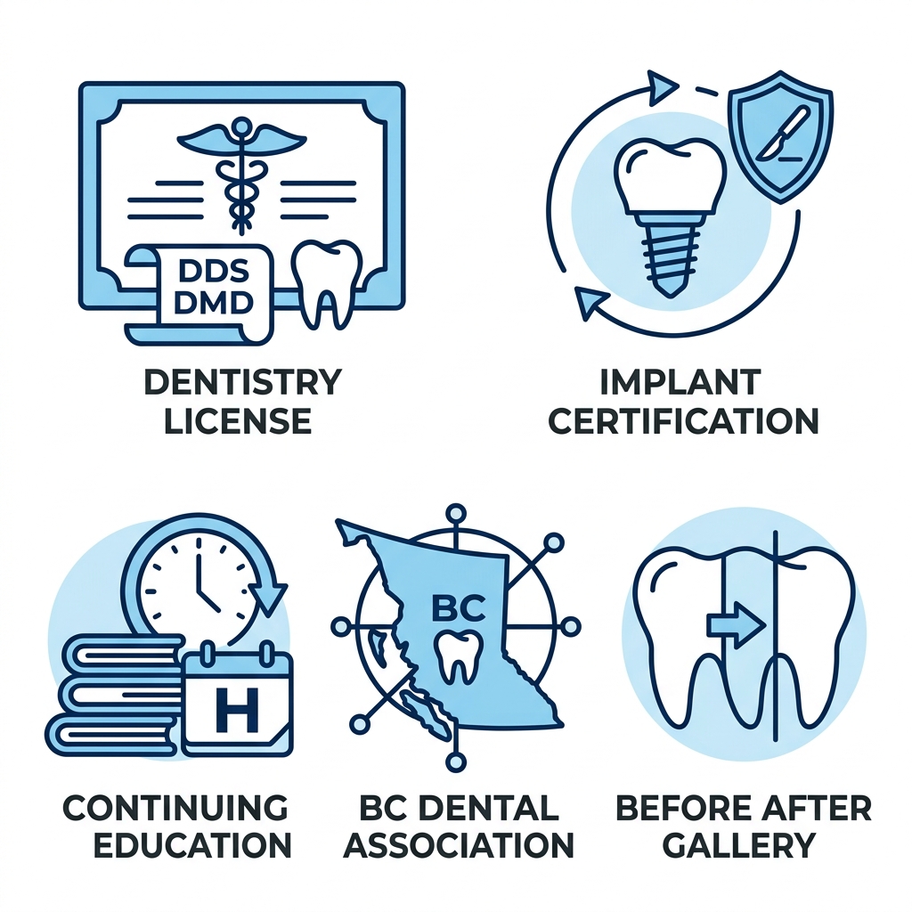 Icon set of five key credentials for cosmetic and implant dentist: DDS/DMD license, implant surgery certification, continuing education hours, BC Dental Association membership, and before/after gallery.