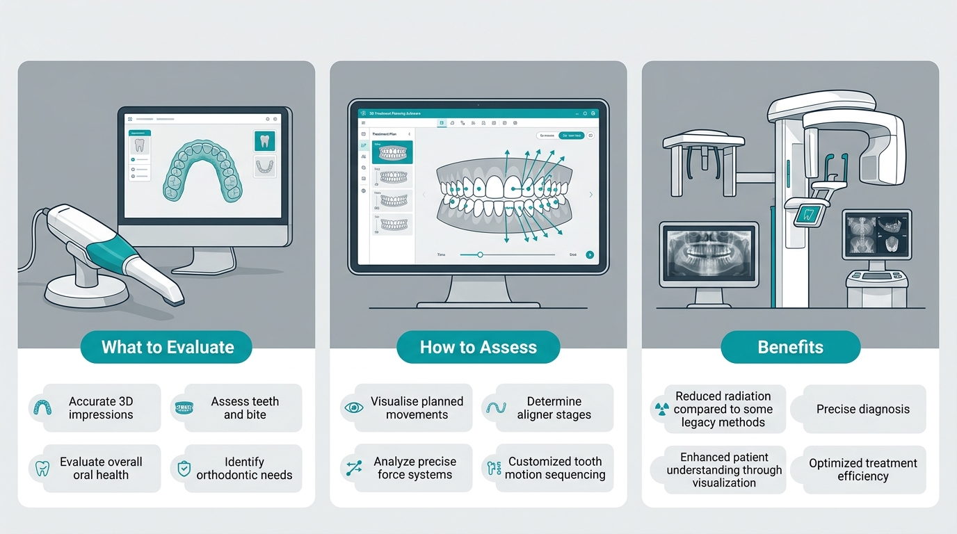 Three-panel infographic of Invisalign technologies: intraoral scanner labeled 'What to Evaluate', 3D treatment planning software labeled 'How to Assess', and modern imaging tools labeled 'Benefits', with subtle callout boxes. Teal and grey accents, clean dental style.