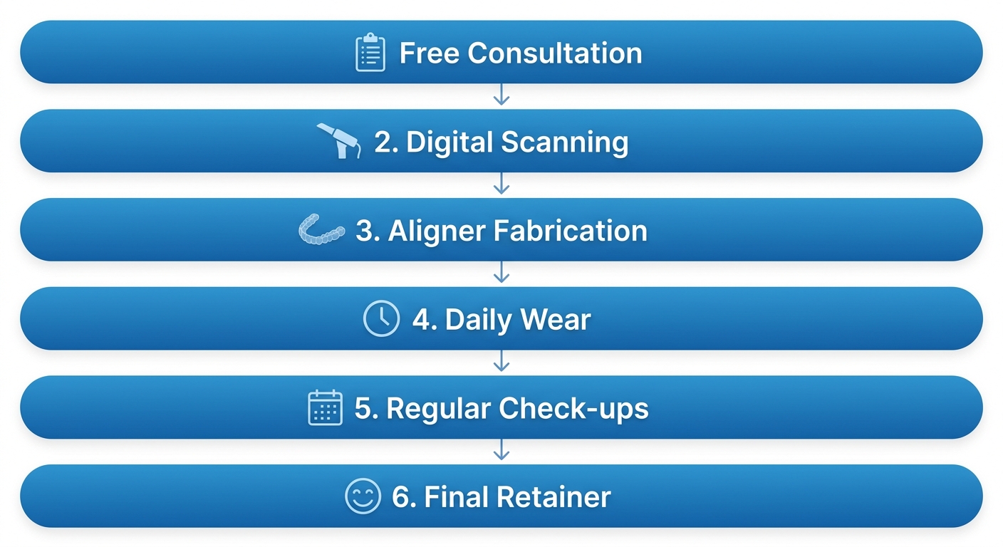 Vertical process flow of six stages for Invisalign treatment at Diamond Dental Centre, from consultation to final retainer, with icons for each step.