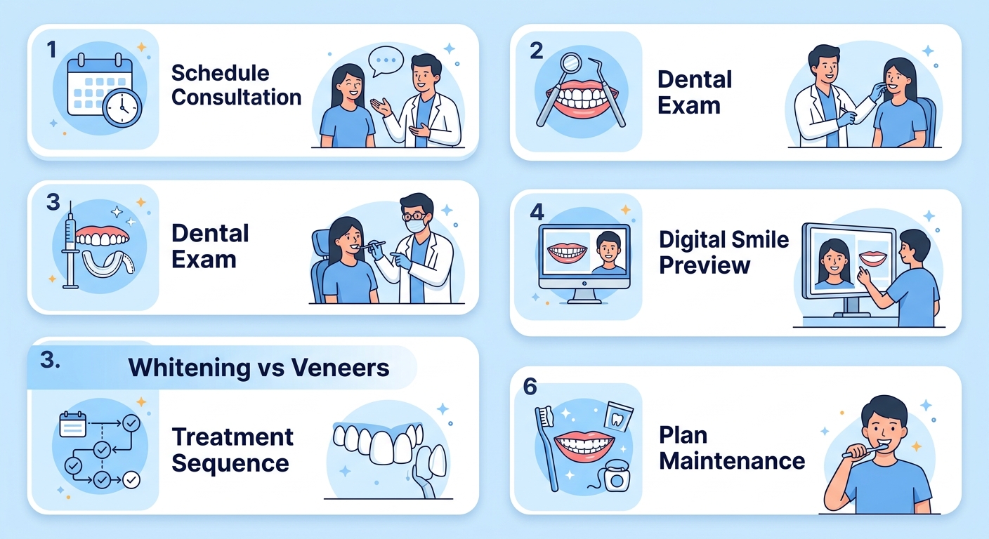 Smile makeover checklist process flow with six connected steps: Schedule a consultation, Comprehensive dental exam, Discuss whitening vs. veneers, Review digital smile preview, Choose treatment sequence, Plan maintenance.