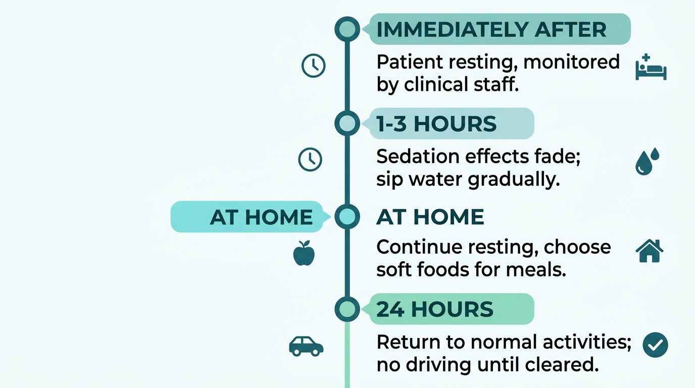 Vertical timeline of recovery stages after sedation dentistry, showing four phases from immediately after to 24 hours.