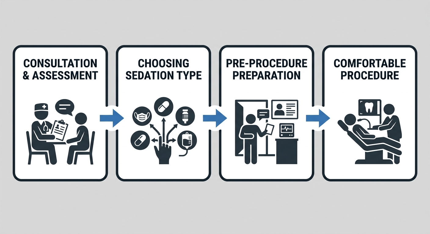 Horizontal process flow showing four steps of the sedation journey at Diamond Dental Centre: consultation, sedation type selection, preparation, and comfortable procedure.