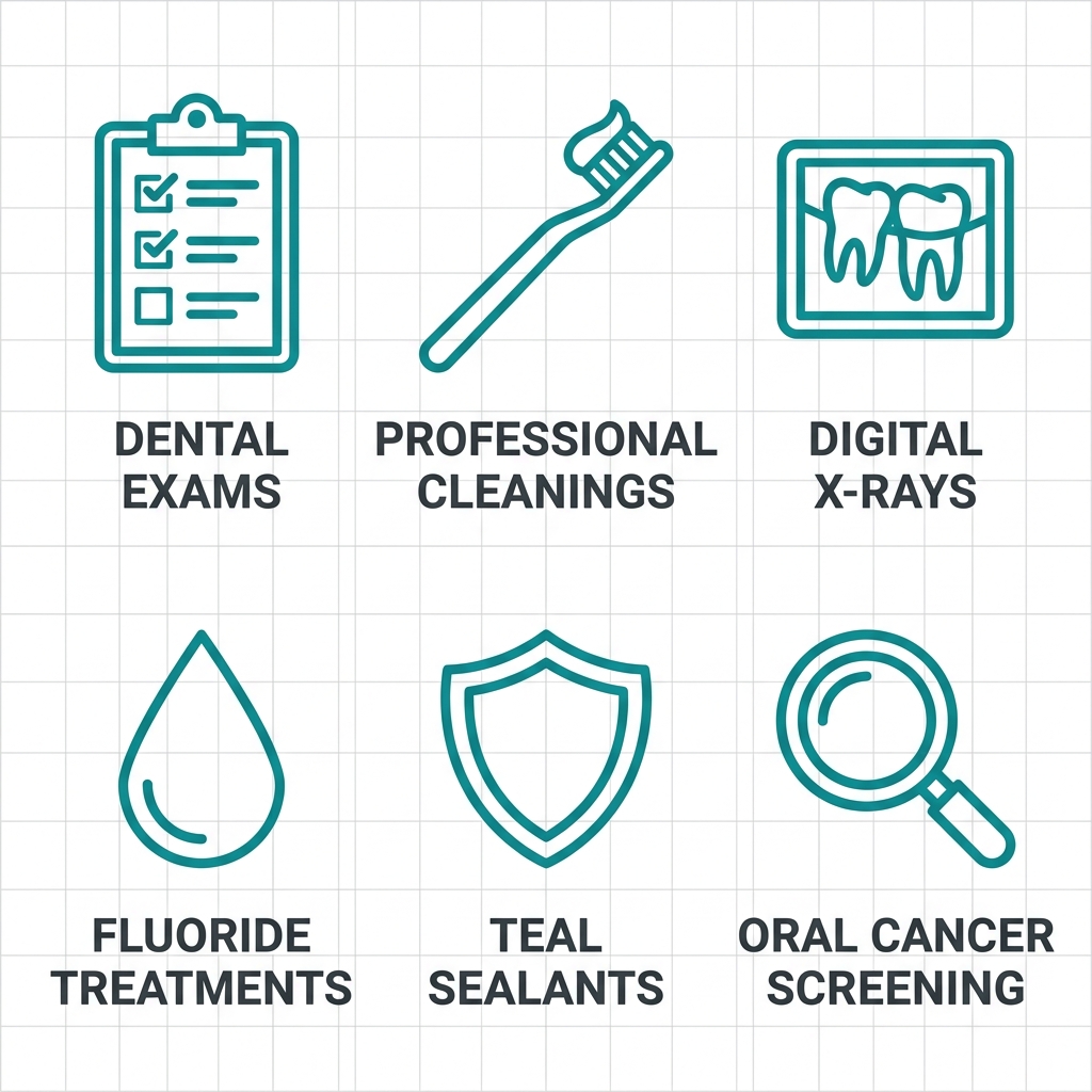 Six outlined icons for dental exams, cleanings, X-rays, fluoride, sealants, and cancer screening on a white grid background with dark gray labels.