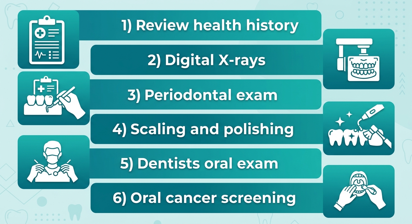Process flow diagram of a dental checkup and cleaning with six steps: health history review, digital X-rays, periodontal exam, scaling and polishing, dentist oral exam, and oral cancer screening.