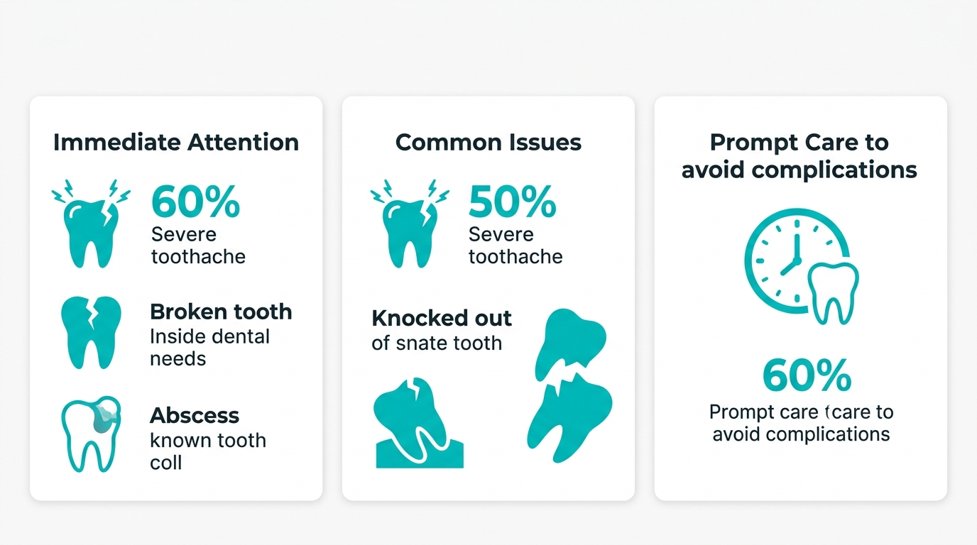 Infographic defining urgent dental care with three key points: conditions needing immediate attention, common urgent issues, and importance of prompt care.