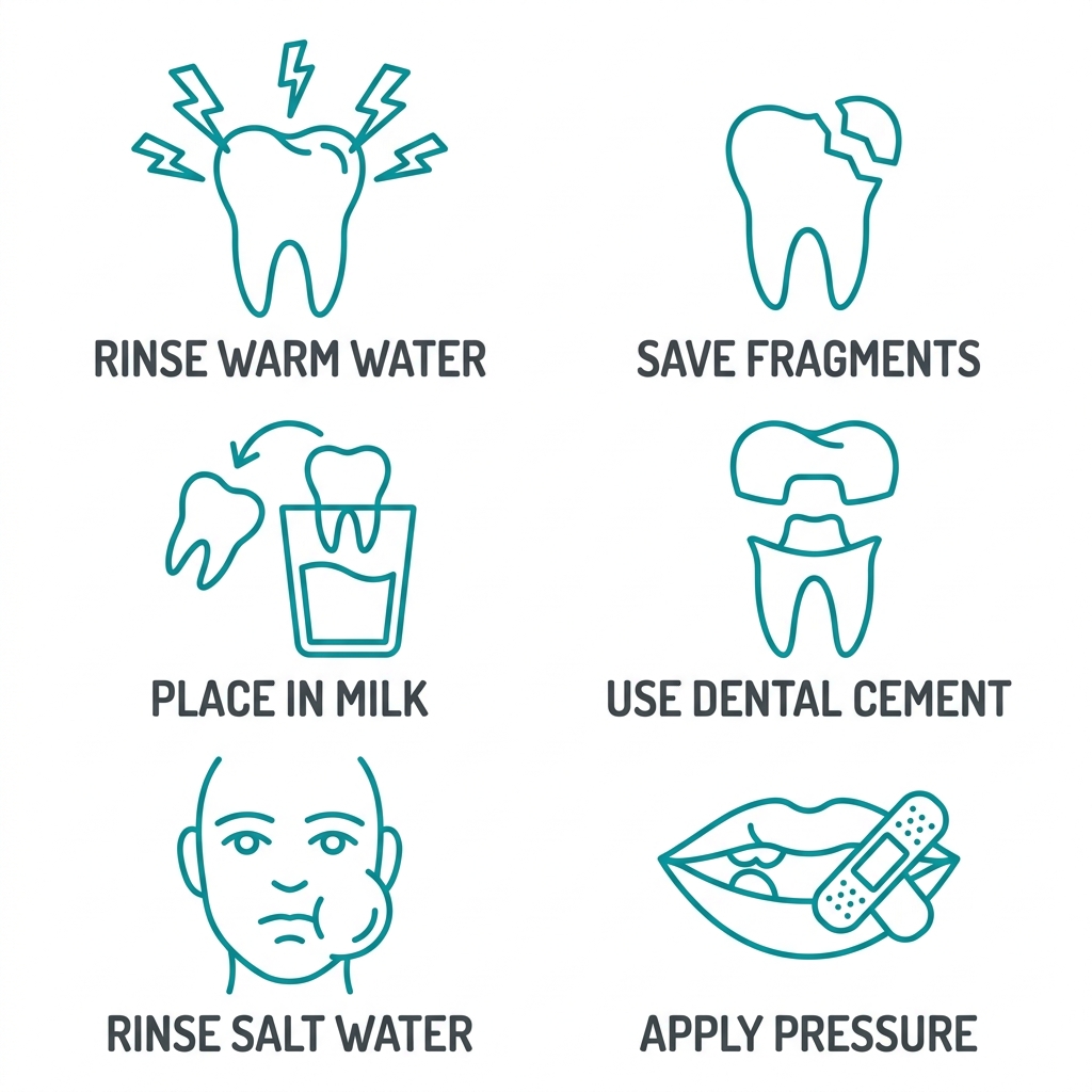 Icon grids showing severe toothache with lightning bolt, chipped tooth, knocked-out tooth, lost crown, abscess swelling, and soft-tissue injury. Outline icons with teal line work and dark grey labels, arranged 2 rows by 3 columns, professional dental style, consistent spacing.