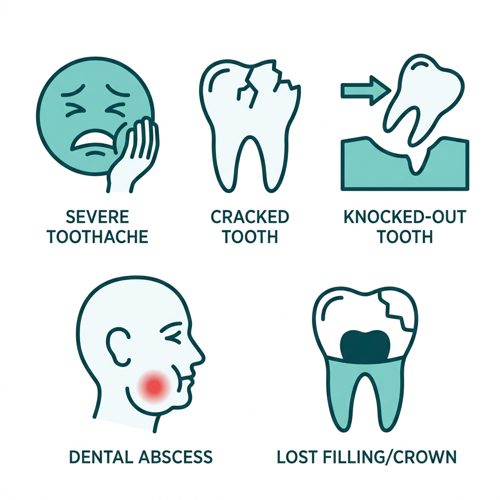 Five emergency dental icons showing toothache, cracked tooth, knocked-out tooth, abscess, and lost filling, arranged in a grid