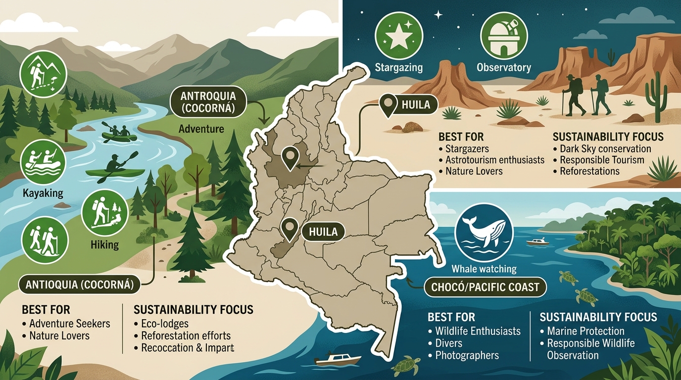 Infographic of Colombia's top three eco-tourism destinations with map and activity icons.