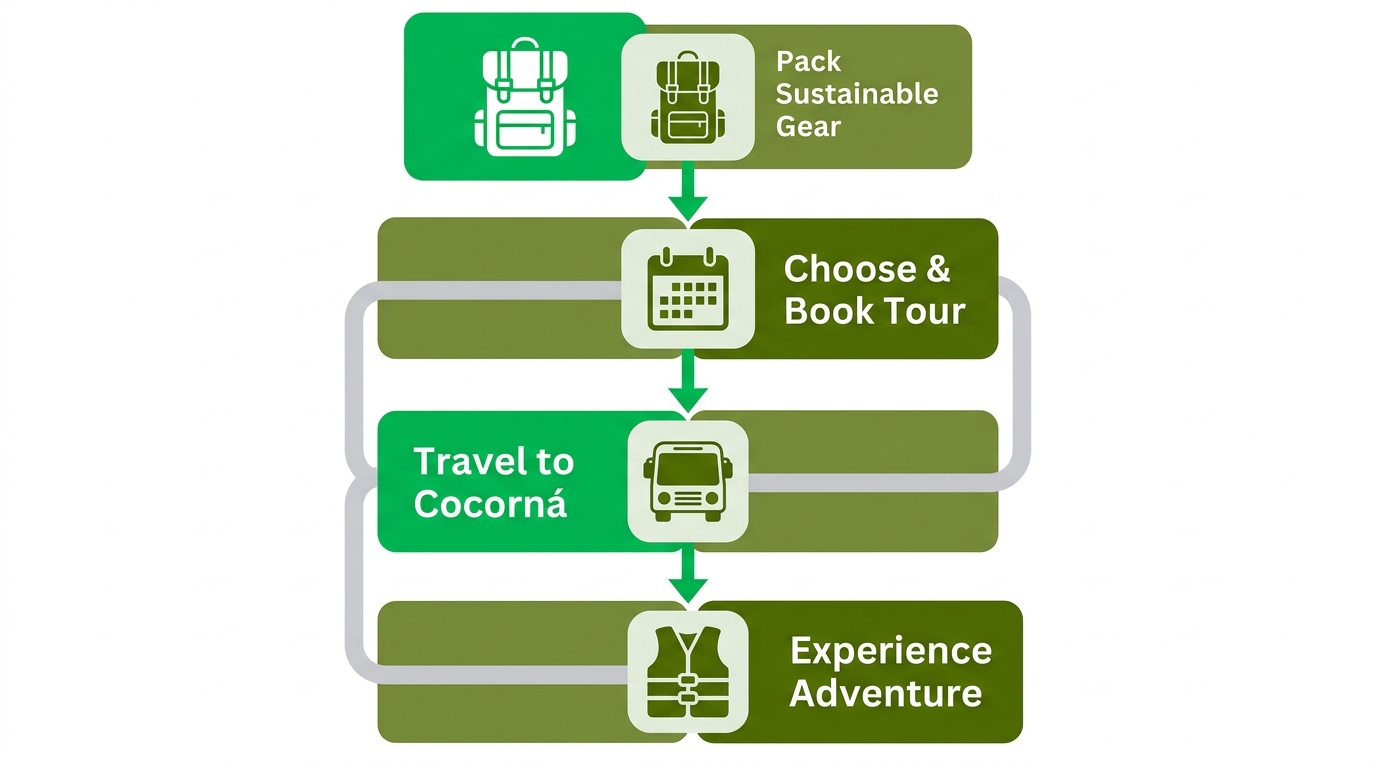 Vertical process-flow diagram illustrating four steps to plan an eco-adventure in Antioquia: pack gear, book a tour, travel to Cocorná, experience the adventure with certified guides and safe equipment.