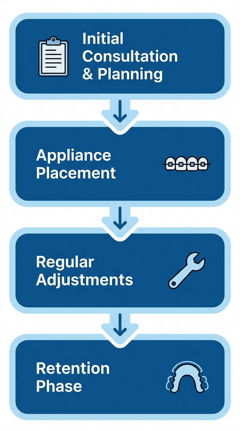 Vertical process flow diagram showing four stages of orthodontic treatment from consultation to retention