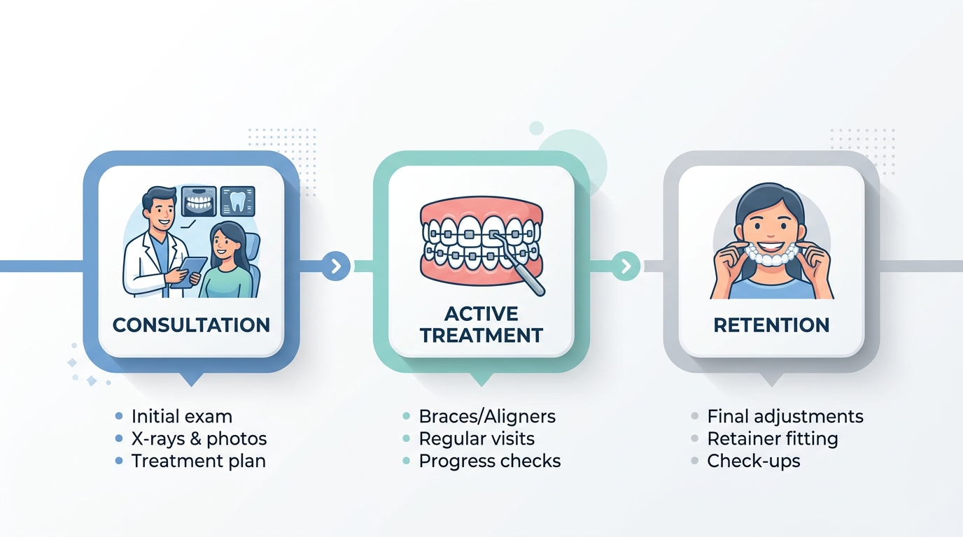 Orthodontic treatment timeline showing three phases: consultation, active treatment, and retention.