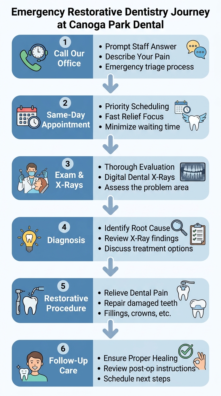 Emergency restorative dentistry process flow showing 6 steps from calling the office to follow-up care