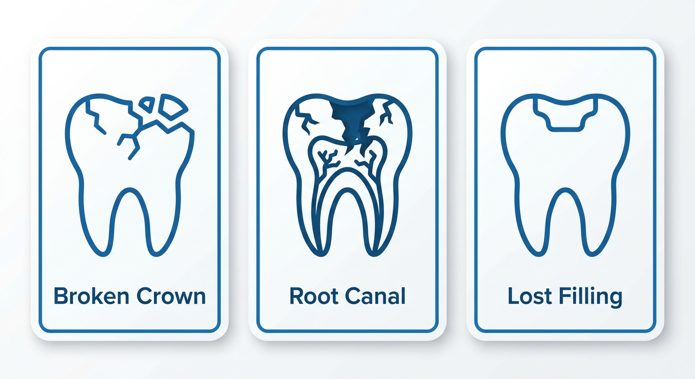 Infographic showing three restorative dental emergencies with icons for broken crown, root canal, and lost filling