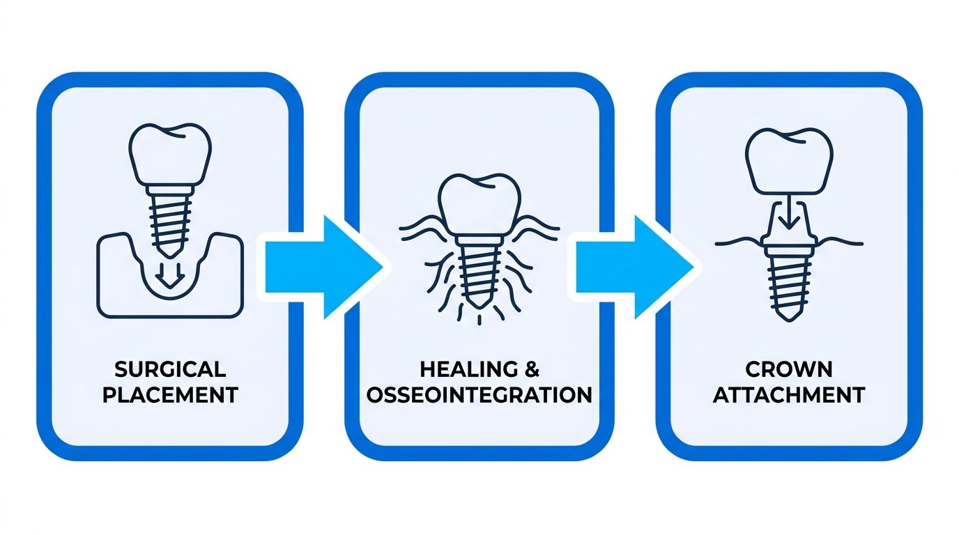 Dental implant procedure process flow showing surgical placement, healing and osseointegration, and crown attachment stages