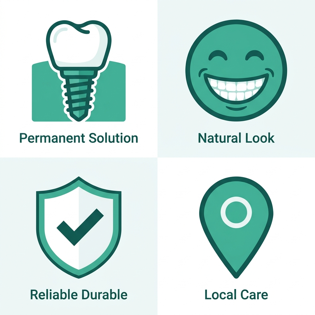 Four icons representing dental implant key facts: permanent tooth replacement, natural appearance, reliable solution, and local Canoga Park provider