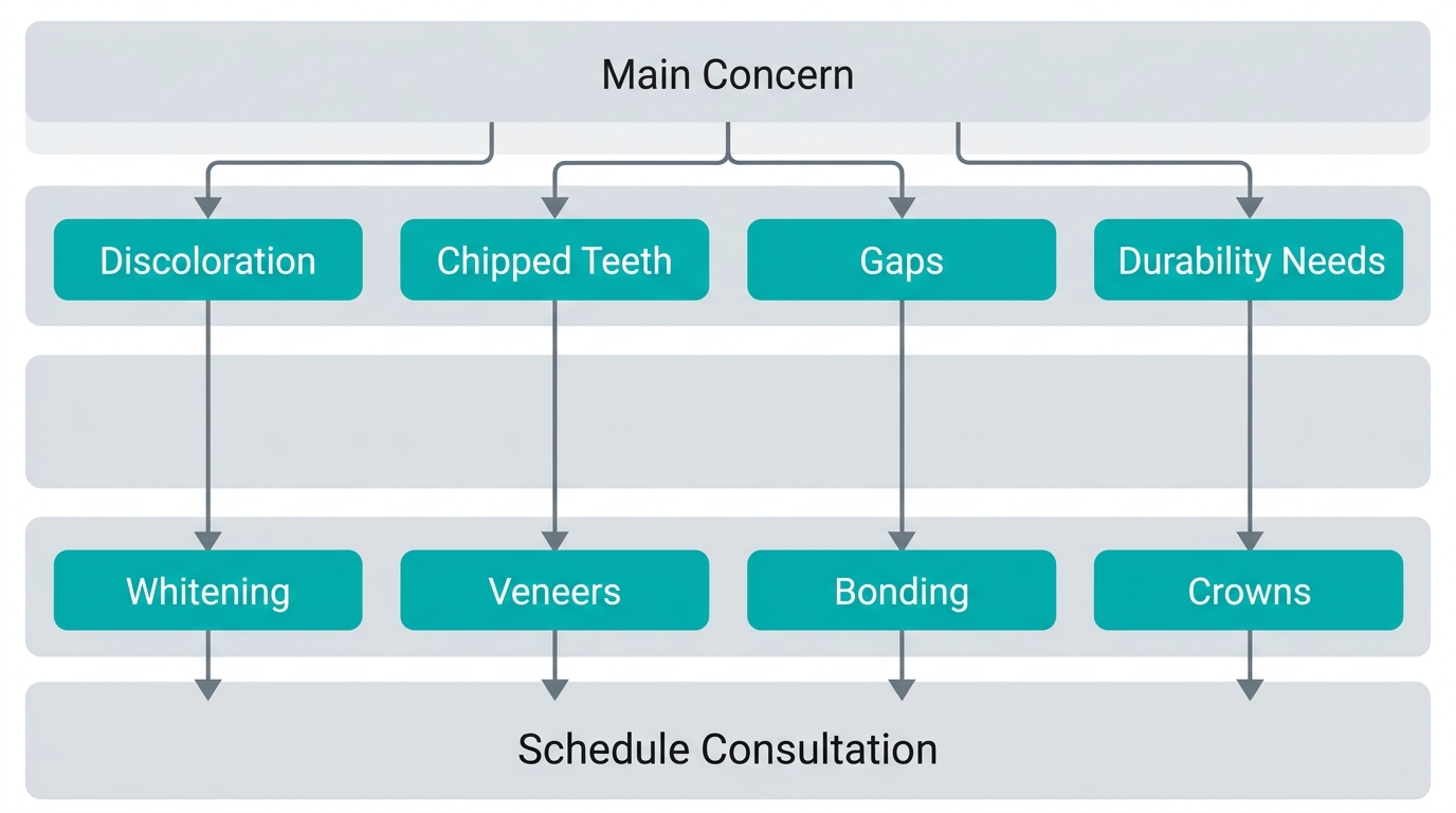 Vertical decision flowchart guiding cosmetic dentistry patients through procedure choices based on concerns like discoloration, chipped teeth, gaps, or durability.